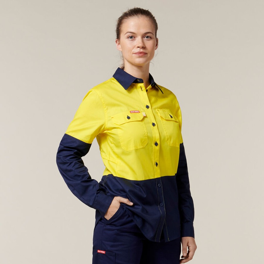 Clothing Hard Yakka Hi-Vis | Women'S Core 2 Tone Hi-Vis Vented Long Sleeve Shirt