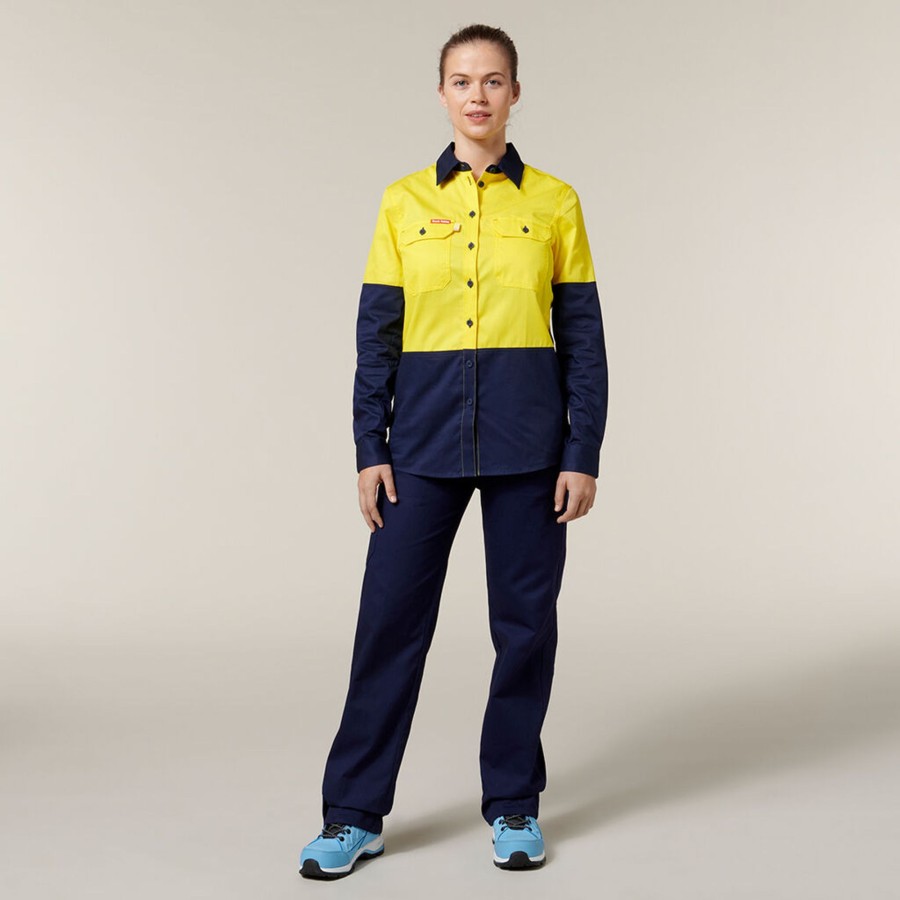 Clothing Hard Yakka Hi-Vis | Women'S Core 2 Tone Hi-Vis Vented Long Sleeve Shirt